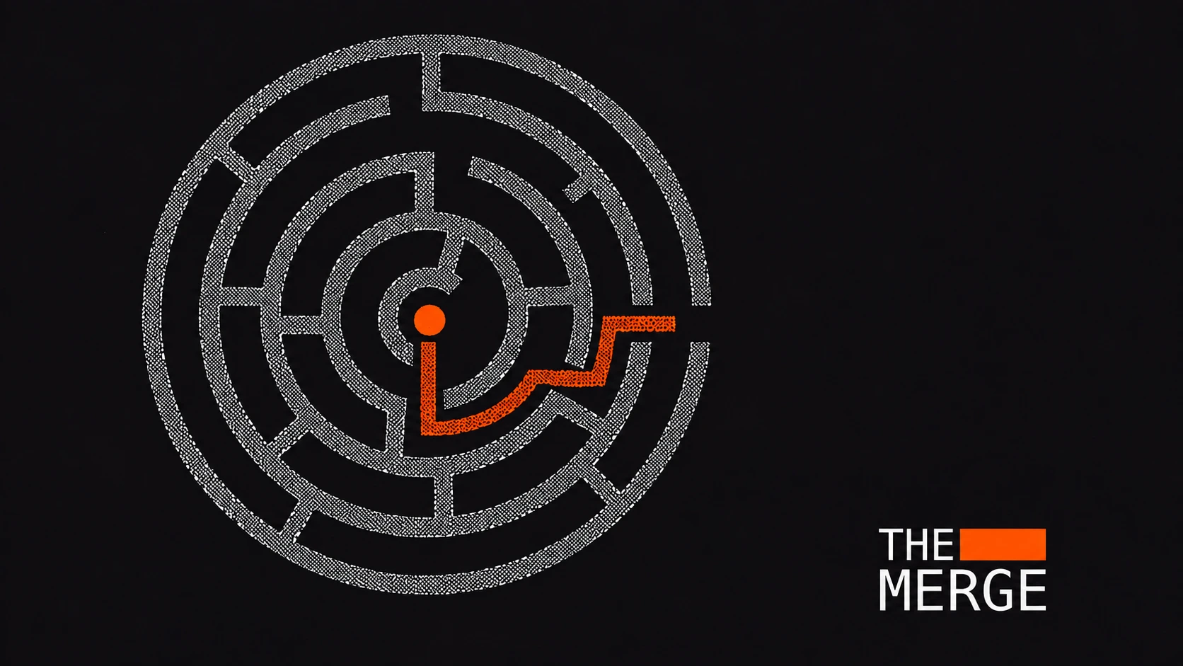An orange path through a circular maze beside The Merge logo.