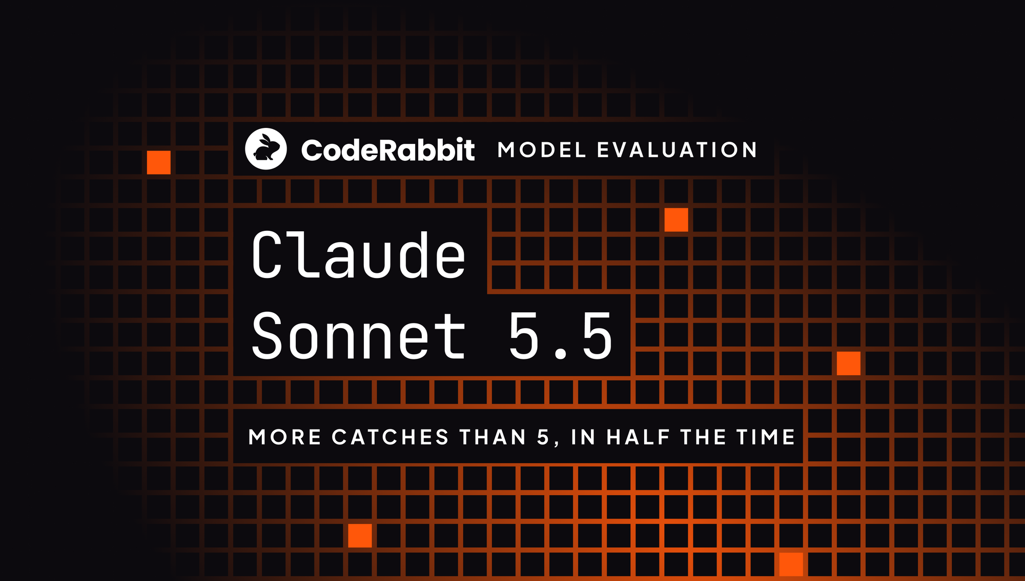 CodeRabbit model evaluation cover reading Claude Sonnet 5.5: More catches than 5, in half the time, over an orange grid.